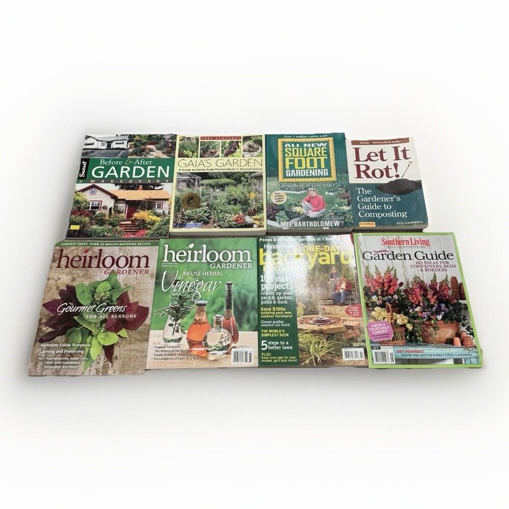Lot of 8 Gardening Books & Magazines Square Foot Compost Heirloom Vegetables